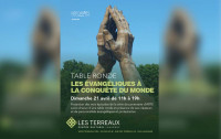 Flyer de la rencontre du 21 avril aux Terreaux Lausanne: Les évangéliques à la conquête du monde