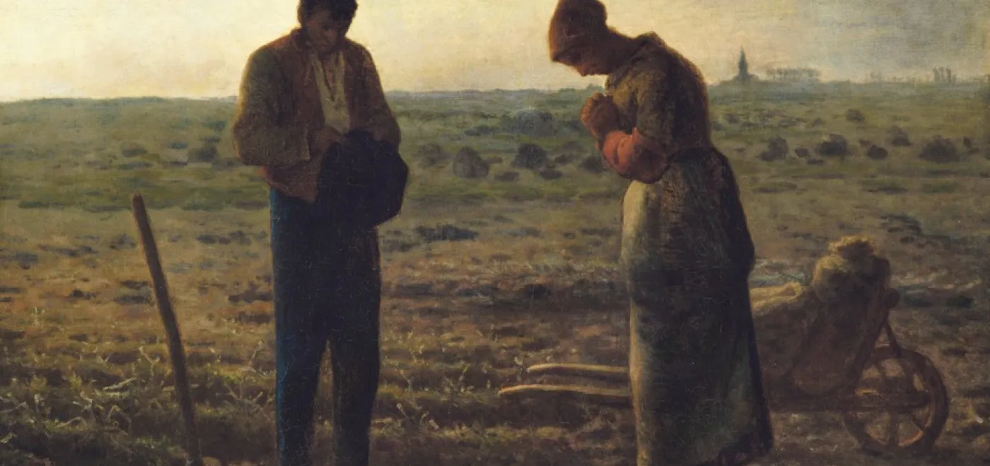 L’Angélus, huile sur toile (entre 1857 et 1859) de Jean-François Millet (1814-1875). Figure majeure du réalisme, Jean- François Millet donne une dimension sacrée au travail de la terre et au quotidien des humbles.
