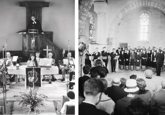 Le culte radio à Orbe, en 1963 (à gauche) et pour Pâques à Villeneuve en 1961 (à doite) © Edipresse/Jean-Pierre Grisel / Archives RTS