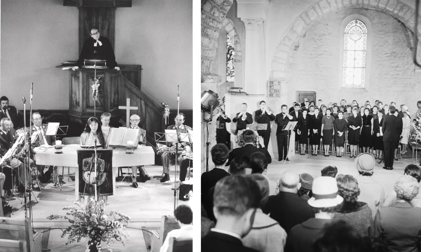 Le culte radio à Orbe, en 1963 (à gauche) et pour Pâques à Villeneuve en 1961 (à doite) © Edipresse/Jean-Pierre Grisel / Archives RTS