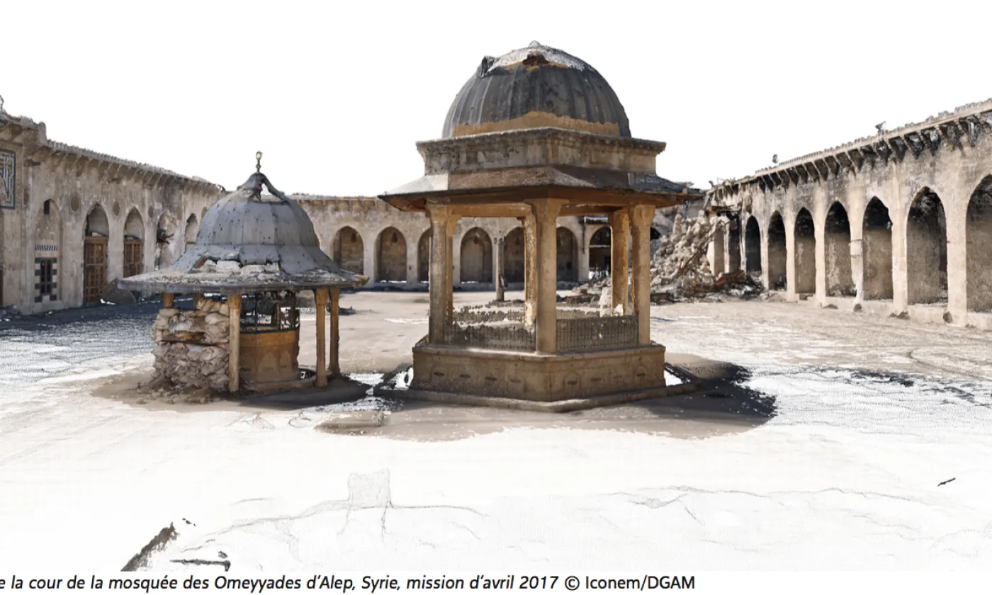 Image 3D de la cour de la mosquée des Omeyyades d'Alep, en Syrie. ©Iconem/DGAM