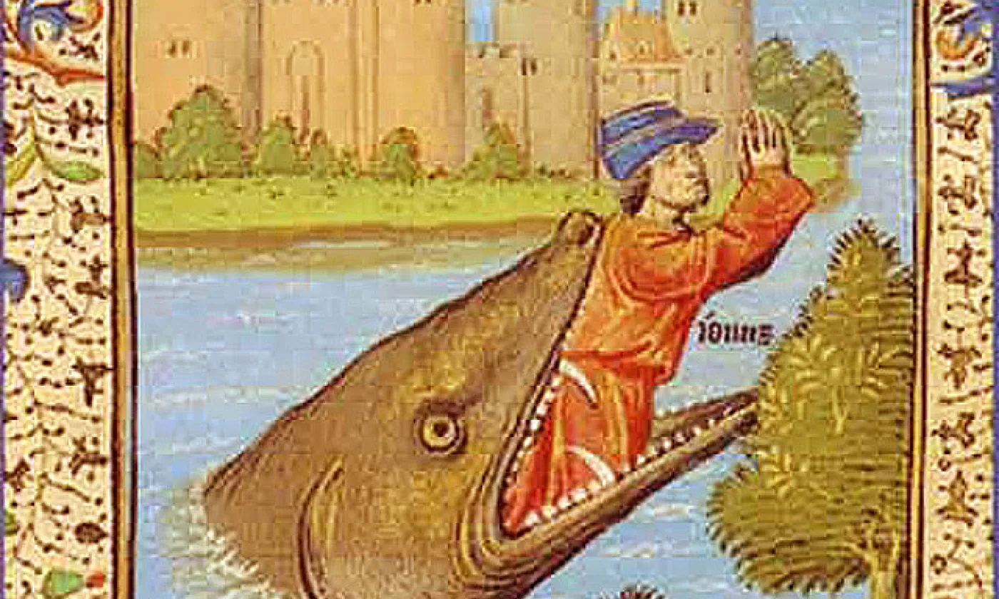 Jonas rejeté par le grand poisson, extrait de la Bible du pape Jean XXII (XIVe siècle).